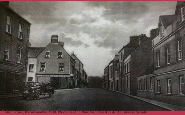 Main Street, Manorhamilton 1930. Photo credit to Manorhamilton & District Historical Society