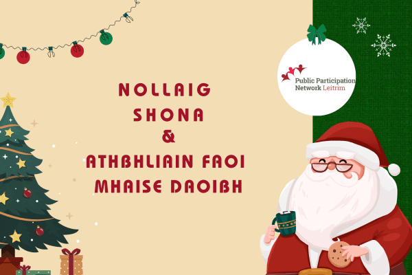 Leitrim PPN Red And Green Illustrated Merry Christmas Card with "Nollaig Shona & Athbhliain Faoi Mhaise Daoibh" text